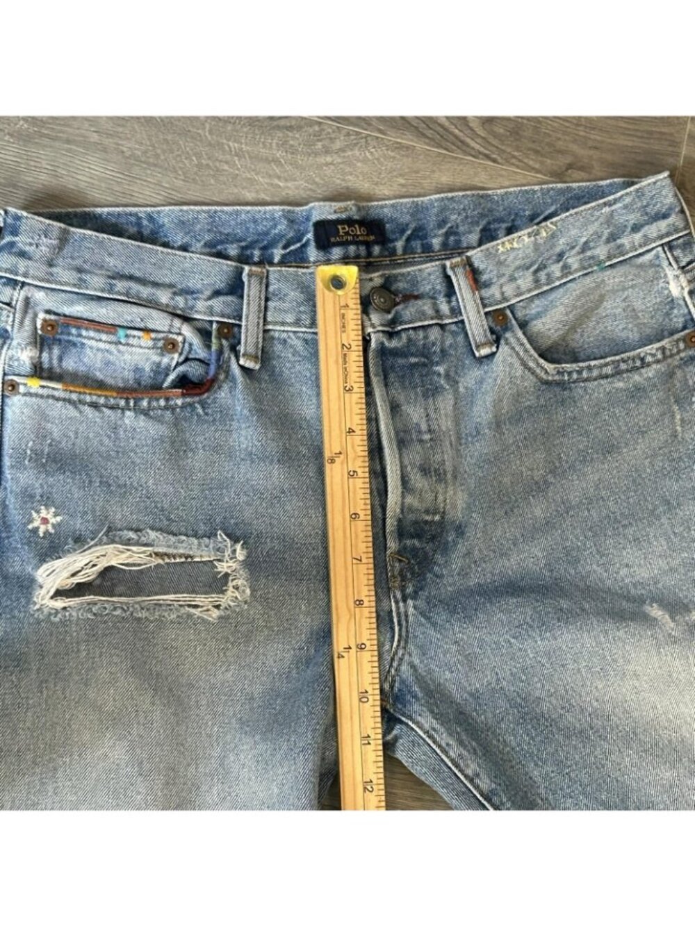 Polo Ralph Lauren Jeans Womens 29R Fits 32 Blue Light Wash Mom Distressed Heart - Picture 14 of 16